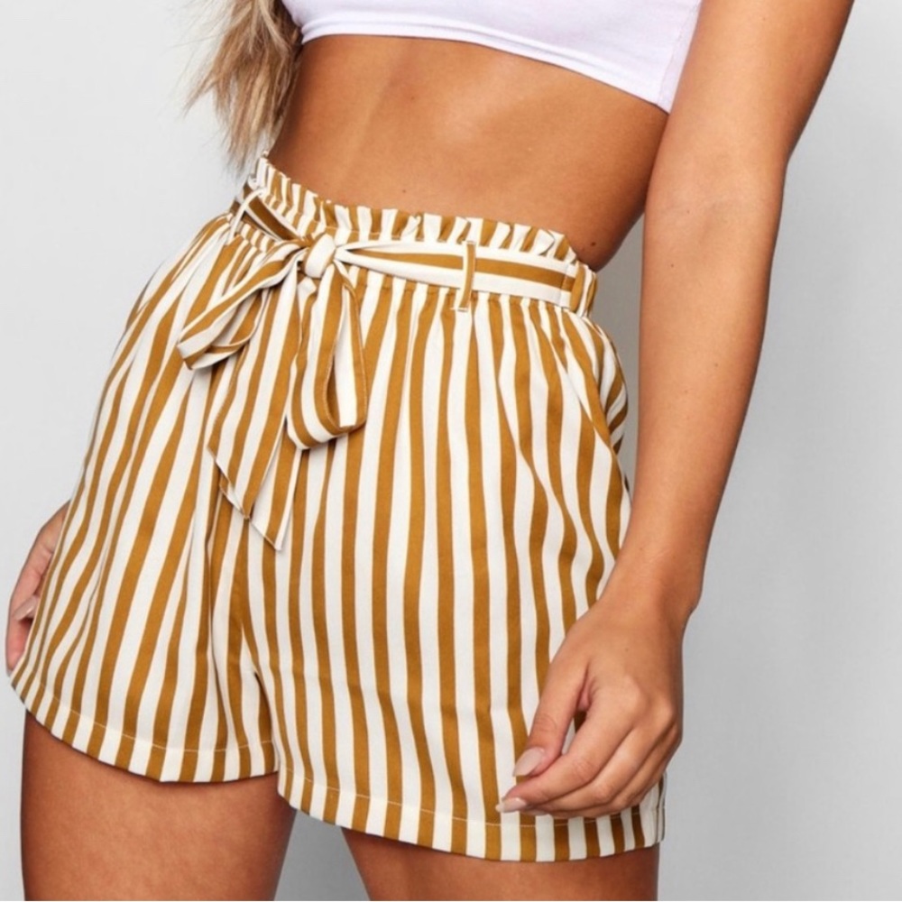 Nwt BOOHOO MUSTARD STRIPE TIE BELT SHORTS